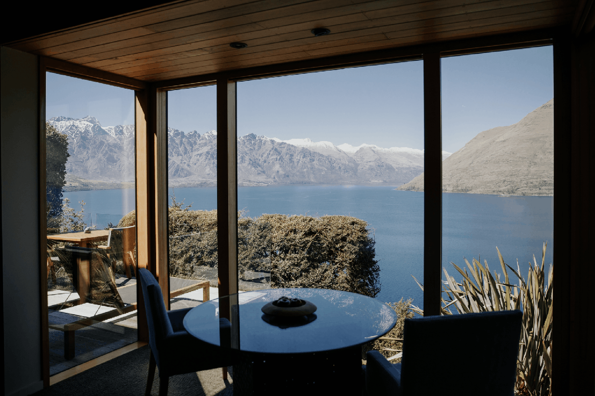 Looking out at Lake Wakatipu and the mountains behind