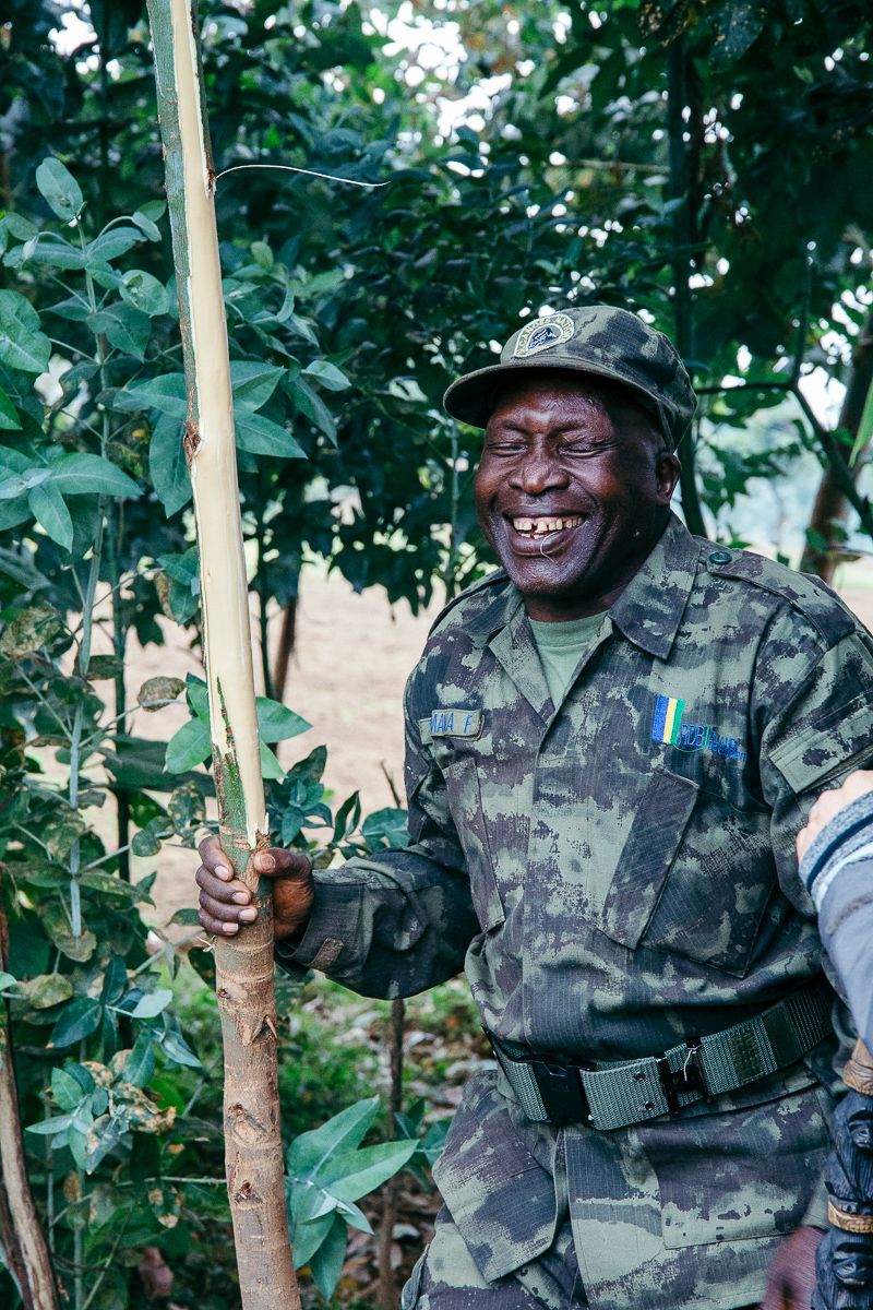 A Rwanda conservation ranger in uniform before the gorilla trek