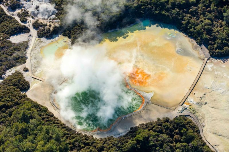 Helicopter flight over the geothermal pools of Rotorua