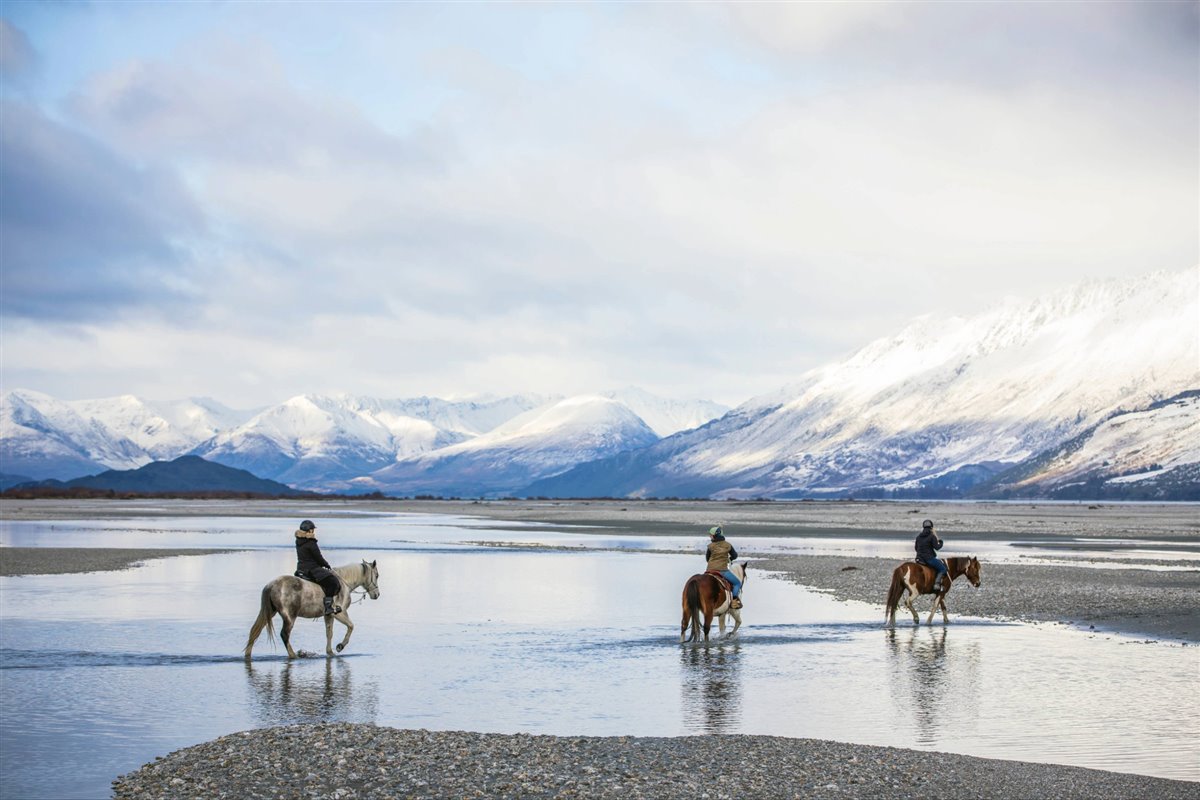 Horseback through open country in New Zealand