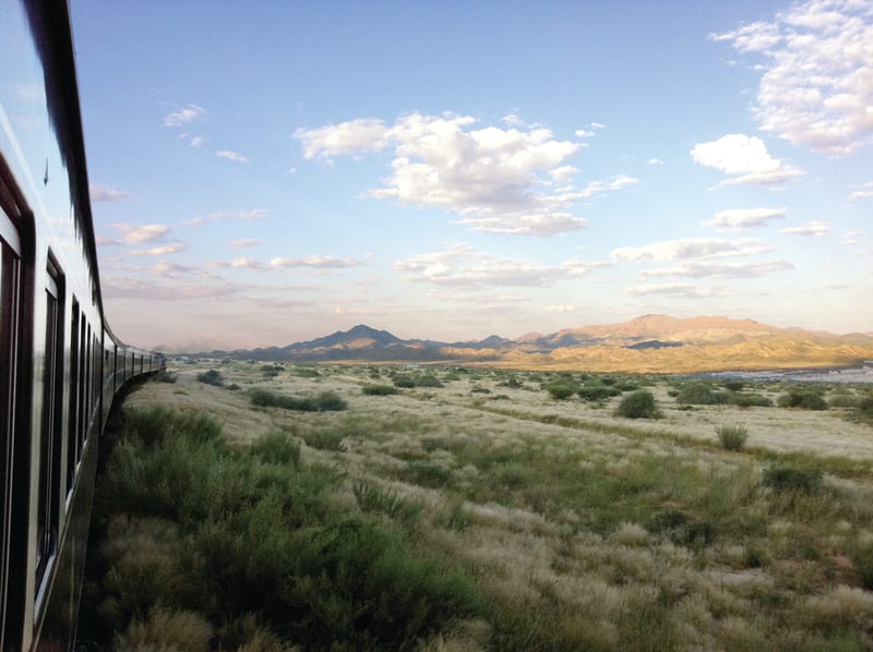 View from a Rovos Rail carriage across the Kalahari landscape in Namibia