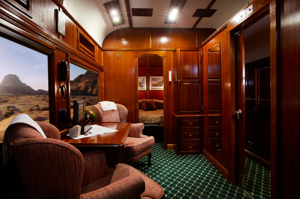 Private lounge and sleeping area inside a Royal Suite aboard Rovos Rail
