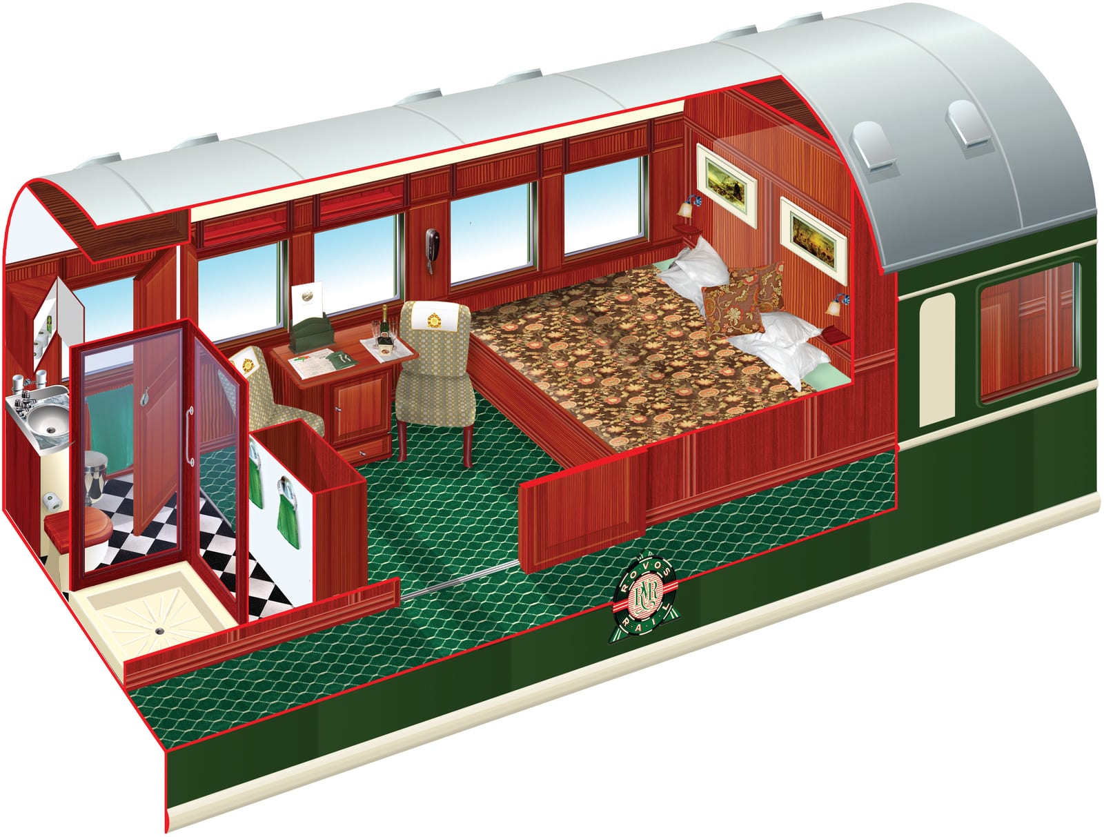Cutaway showing a Deluxe Suite with a lengthways double bed and private bathroom