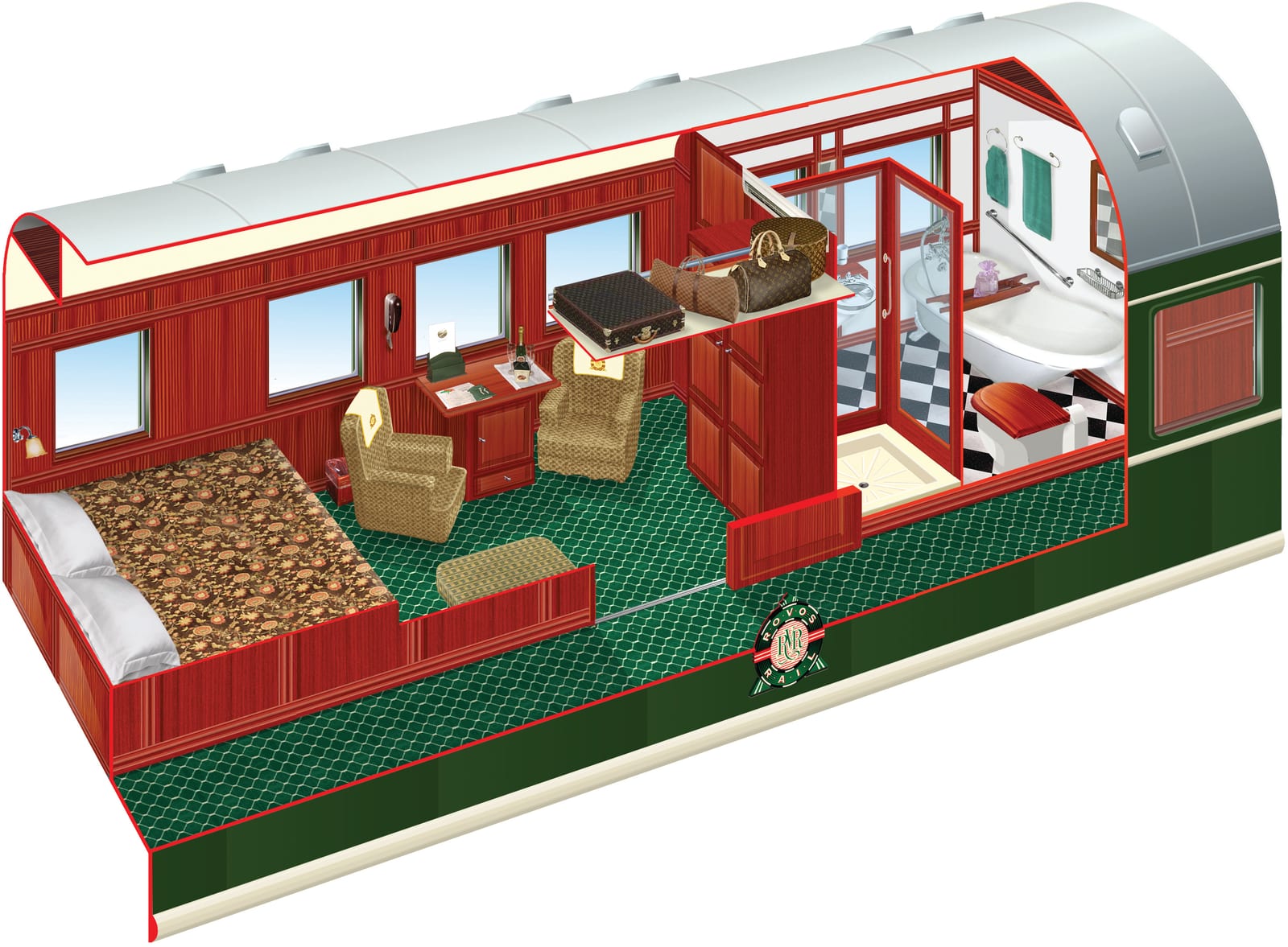 Cutaway showing a Royal Suite with a double bed, lounge and private bathroom