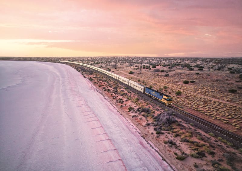 The Indian Pacific beside Lake Hart in outback South Australia
