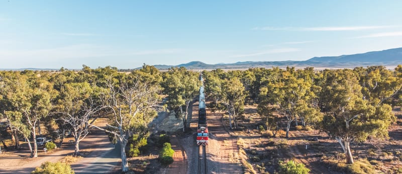 The Ghan traveling through the Flinders Ranges in South Australia