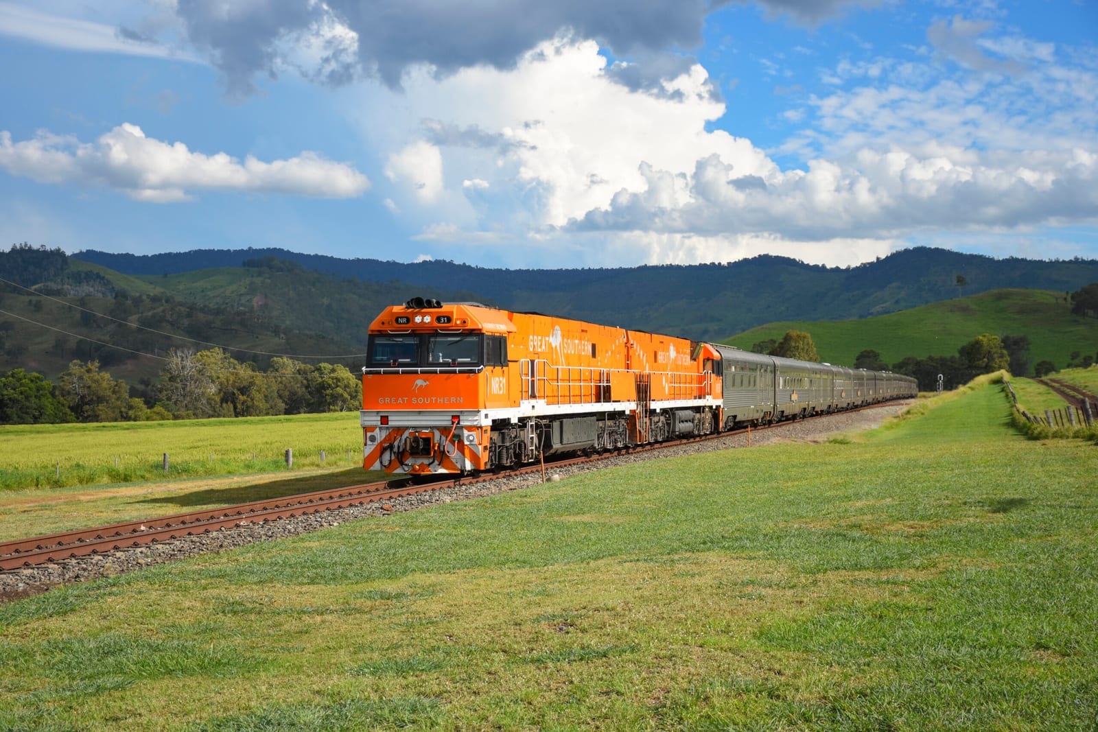 The Great Southern train crossing the Queensland countryside near Glenapp