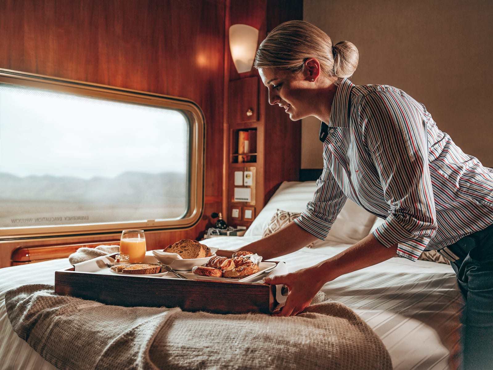 Interior of a Platinum Service cabin aboard a Journey Beyond Rail train