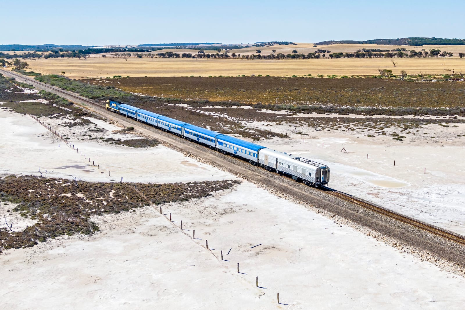 Aerial view of a dry salt lake in South Australia along The Overland's route