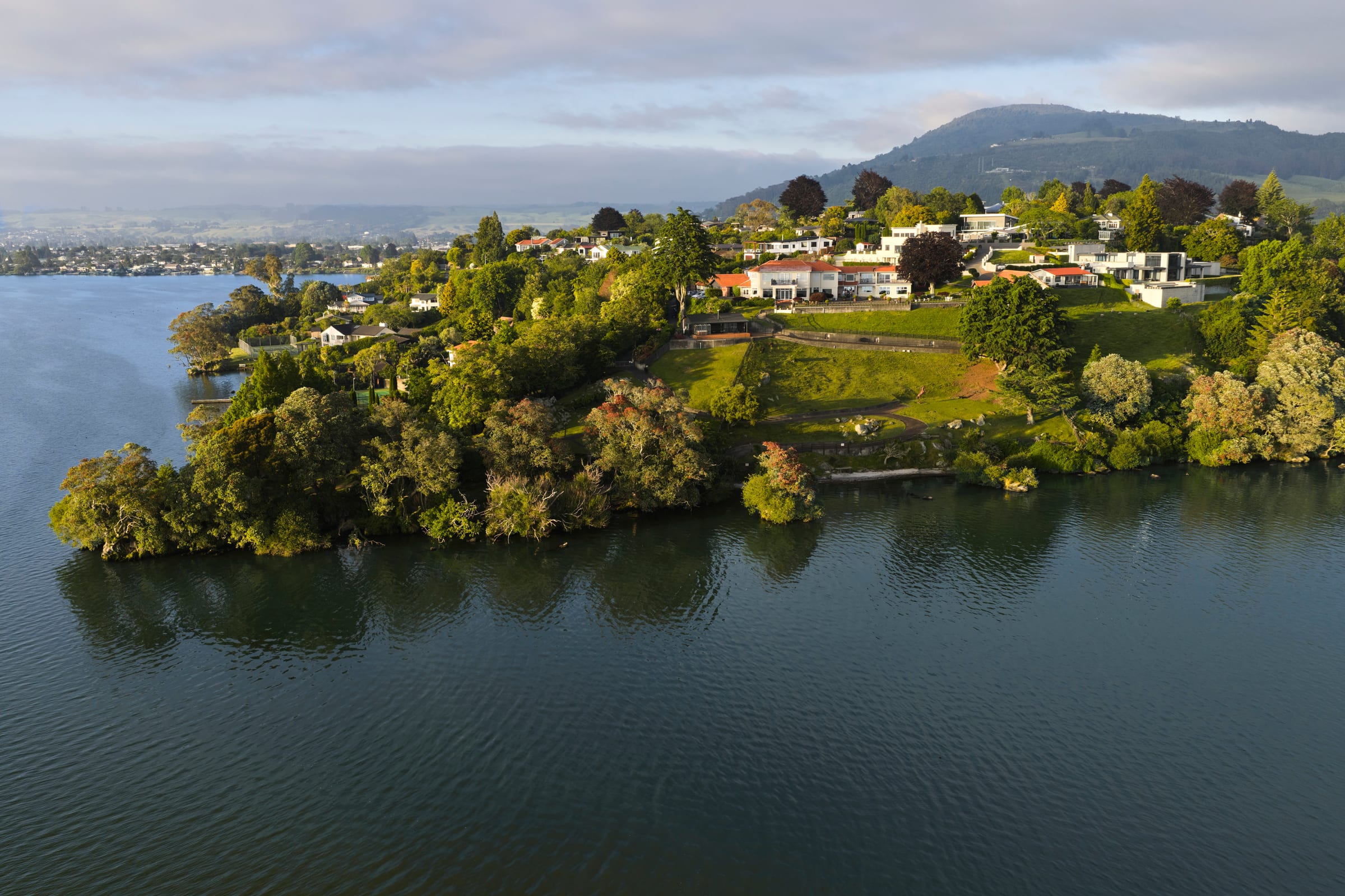 Lakeside lodge deck overlooking Lake Rotorua