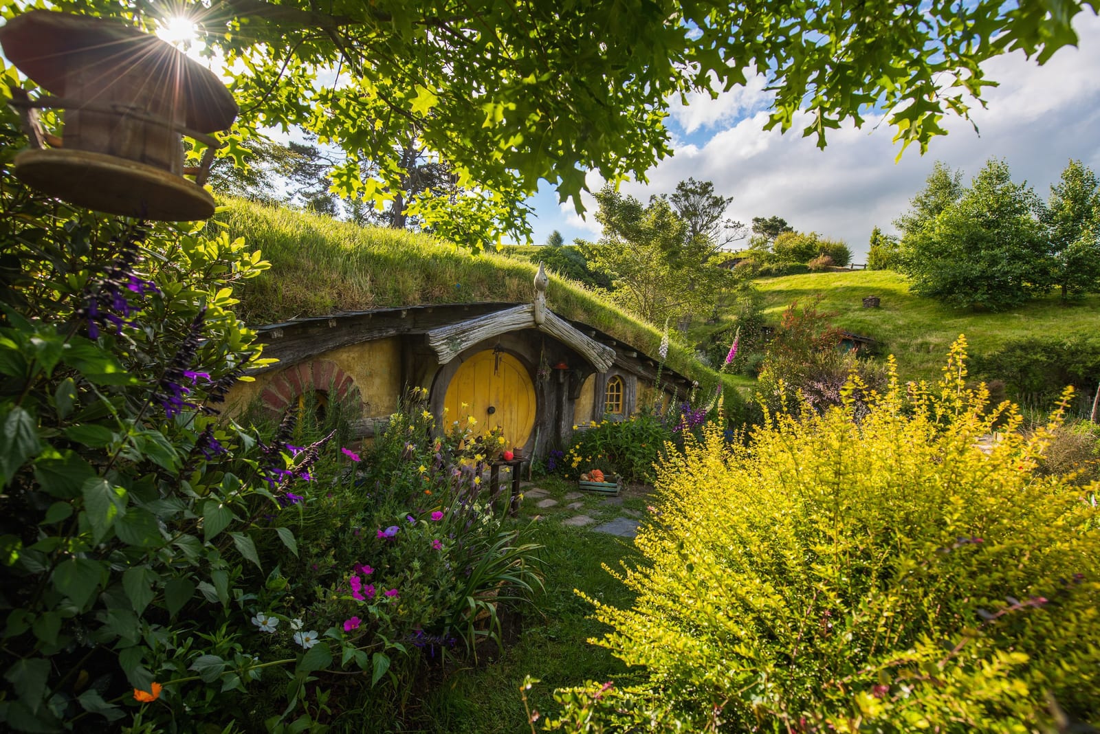 Hobbit holes along a lane at Hobbiton Movie Set in Waikato